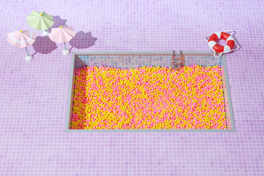Pool full of colorful dragees with red and white ring.