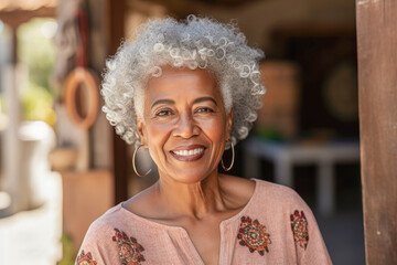 Beautiful senior African-American or black woman in her seventies, smiling, radiating warmth and positivity, expressing confidence and joy.