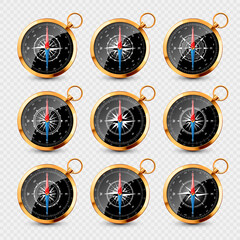Vintage compass, marine wind rose with cardinal directions of North, East, South, West. Realistic golden navigational compass, shiny metal. Cartography and navigation. Vector illustration