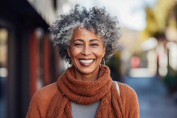 Beautiful middle-aged African-American or black woman in her fifties, smiling, radiating warmth and...