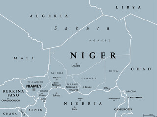 Niger, landlocked country in West Africa, gray political map with borders, regions, capital Niamey and largest cities. The Republic of the Niger, a unitary state. Most of its area lies in the Sahara. - obrazy, fototapety, plakaty