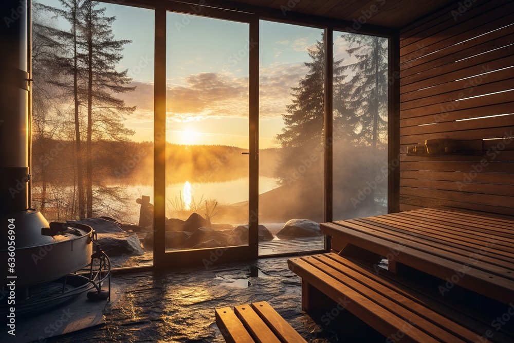 Poster interior of a beautiful wooden sauna in a cottage