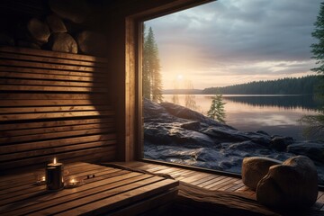 interior of a beautiful wooden sauna in a cottage