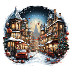 A festive Christmas sleighs t-shirt design showcasing Santa's sleigh gliding through a vibrant Christmas market, Generative Ai
