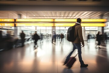Man walks along territory of station. blurred background in motion