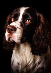 Animal portrait of a french spaniel dog on a black background conceptual for frame