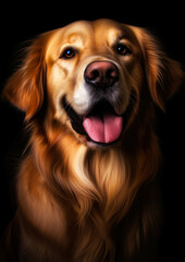 Animal portrait of a golden retriever dog on a black background conceptual for frame