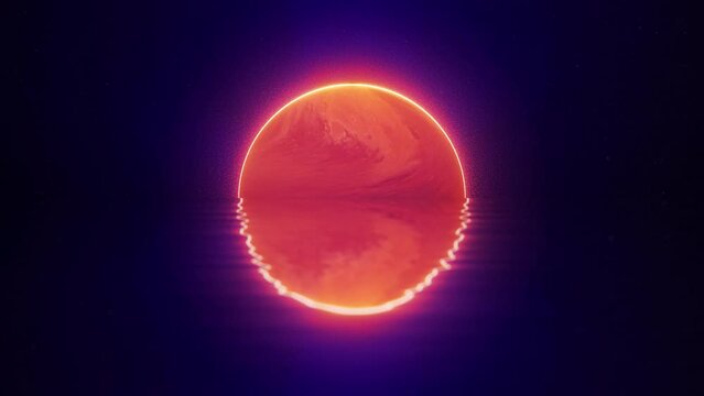 Bright neon glowing red orange planet above stary horizon with purple shine. Reflections on water waves. Synthwave style. Retrowave digital, 3D Render. Retro, vintage, 4k, 60fps video loop.