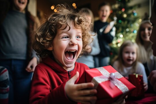 Children screaming with delight receiving gifts for New Year