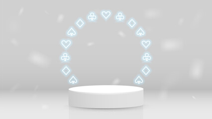 A white empty podium with an arch of poker card suits. A casino platform.