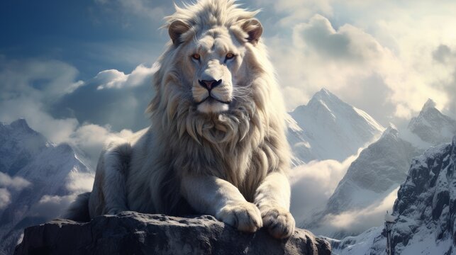 A white lion on the peak of a snowy mountain. Winter concept.
