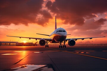 Fototapeta na wymiar plane on the runway at sunset