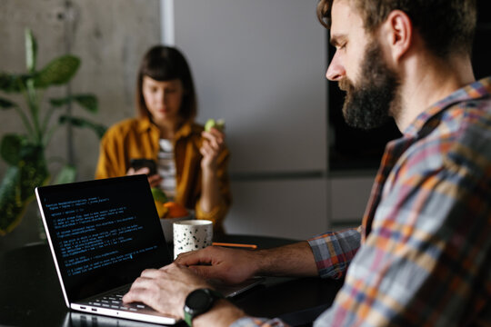 Focused on work. Wireless. Company. Laptop. Code lines. Skilled