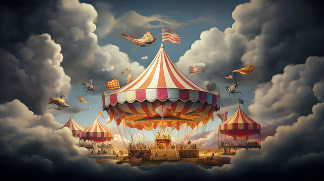 Flying circus surrounded by clouds, dreamy scene in the sky