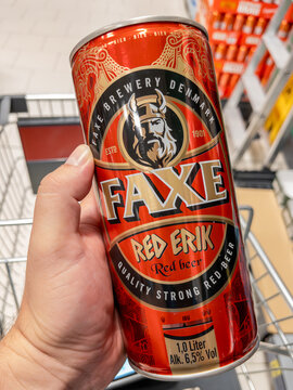 Can of Faxe Brewery Denmark Red Beer in a German Grocery Store