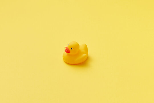 Cute rubber yellow duck on yellow background.