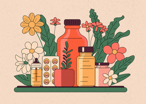 illustration of a set of medicine bottles and flowers