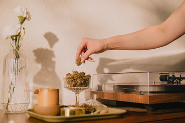Record player display with cbd and thc infused joints