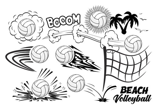 Comic style beach volleyball elements template. Vector on transparent background