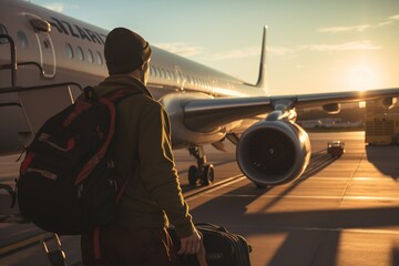 Man with backpack walks to plane ramp