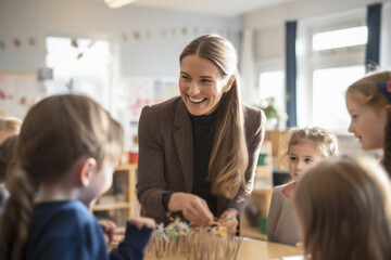 An attentive and dedicated primary school teacher listens carefully to her students as they carry out a practical project in a school classroom.