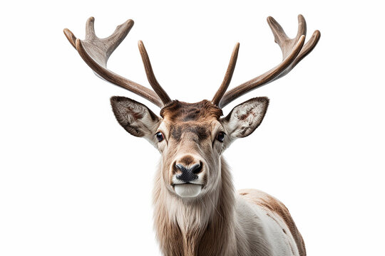 Caribou isolated on a white background close-up portrait. Studio animal photography.