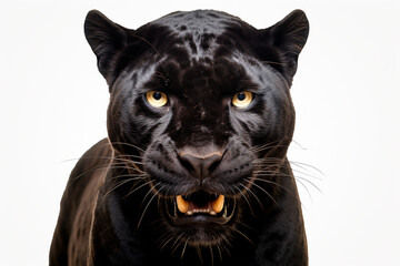 Fototapeta premium Black Panther isolated on a white background close-up portrait. Studio animal photography.