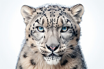 Snow Leopard isolated on a white background close-up portrait. Studio animal photography.