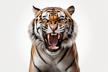 Tiger roaring isolated on a white background close-up portrait. Studio animal photography.