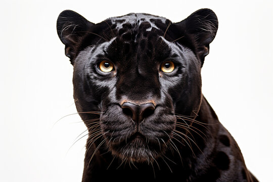 Black Panther isolated on a white background close-up portrait. Studio animal photography.