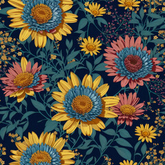 Fototapeta na wymiar Beautiful fanstastic sunflowers seamless pattern. Generative AI