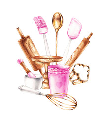 Watercolor composition of baking tools isolated on a white