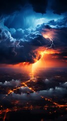 Fototapeta na wymiar atmospheric phenomenon, lightning accompanied by thunder, rich colors, weather conditions of an impending storm. electrical discharges in the sky, Powerful cumulonimbus clouds.
