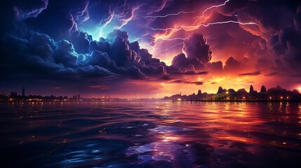 Fototapeta na wymiar atmospheric phenomenon, lightning accompanied by thunder, rich colors, weather conditions of an impending storm. electrical discharges in the sky, Powerful cumulonimbus clouds.