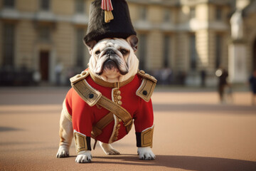 Sir Snortworthy MacPalace: The Bulldog Sovereign's Guardian - A Resolute Canine, Dressed as a British Royal Guard, Positioned Proudly Beside a Scale Model of Buckingham Palace
 - obrazy, fototapety, plakaty