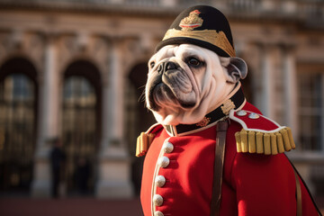 Guard Barkington MacBuckingham: The Regal Bulldog - A Canine Royal Sentinel, Adorned in British Royal Guard Attire, Standing Stoically Outside a Miniature Replica of Buckingham Palace
 - obrazy, fototapety, plakaty