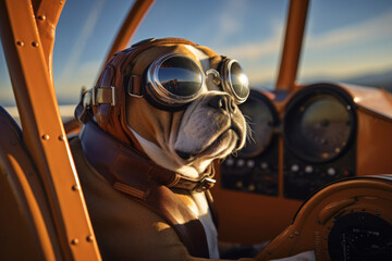 Captain Snortworthy MacAero: The Bulldog Aviator - A Daring Canine Pilot, Donning Aviator Sunglasses, Leather Cap, and Scarf, Navigating a Classic Biplane, Skies Mirrored in His Shades
