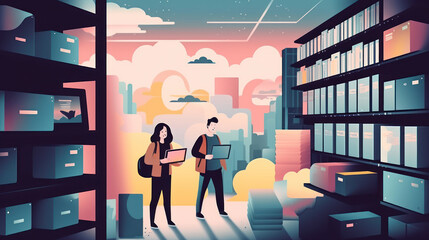 People with cloud storage concept. Online electronic storage and archive. Man and woman near folder with photos and files. Internet data exchange. Cartoon flat vector illustration.