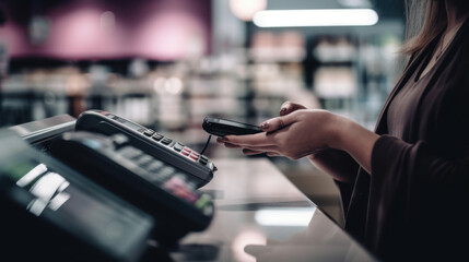 Phone, contactless pay and a customer shopping at a shop and paying for service with success. Future, technology and hand of a person with a smartphone and machine for payment at a pharmacy counter.