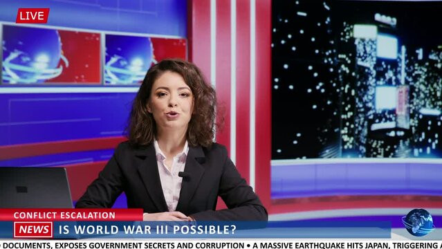 Newscaster reveals potential world conflict on tv channel, presenting news about countries at war, raising suspicion among people. News anchor woman discussing about international warfare.
