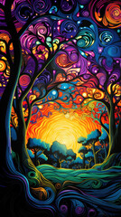 A fantastical abstract landscape of interwoven shapes in bright colors with s and swirls of black UV Abstract wallpaper backgroun