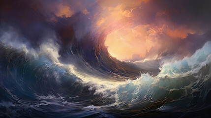 An abstract painting featuring a massive wave made up of dark colors and thick brushstrokes to indicate Abstract wallpaper backgroun