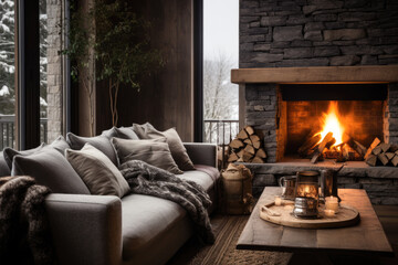 A cozy living room with a fireplace. The room has a large window on the left side with a view of snowy trees. The fireplace is made of stacked stone with a wooden mantel