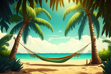 Hammock between two palm trees on a tropical beach, illustration generative AI