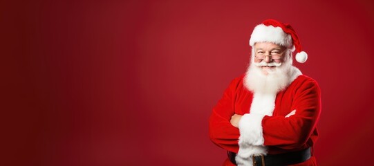 Fototapeta na wymiar portrait of happy and cheerful santa claus on red studio background. banner. free place