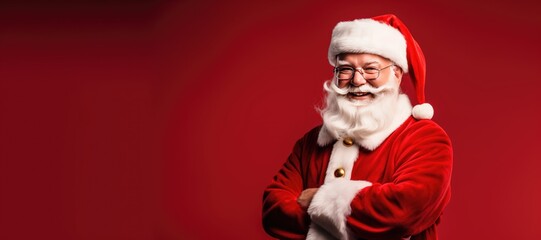 Fototapeta na wymiar portrait of happy and cheerful santa claus on red studio background. banner. free place