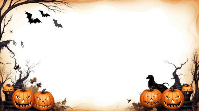 A halloween scene with pumpkins and bats. Digital image. Frame with copy space.