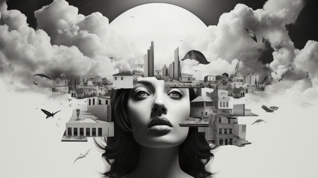 A black and white photo of a woman with a city in the background. Digital black white surreal image.