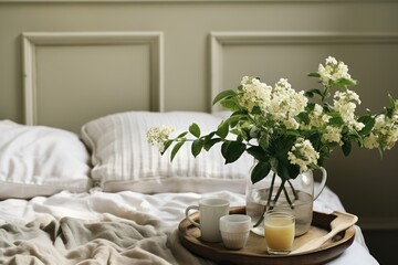 Breakfast in bed with coffee, orange juice and hydrangea flowers
