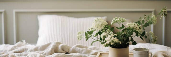 Vase with a bouquet of flowers and a cup of tea on a wooden tray in the bedroom